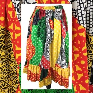Vintage 70s Multicolor Patchwork Print Bright Midi Skirt Ruffle Small Orange